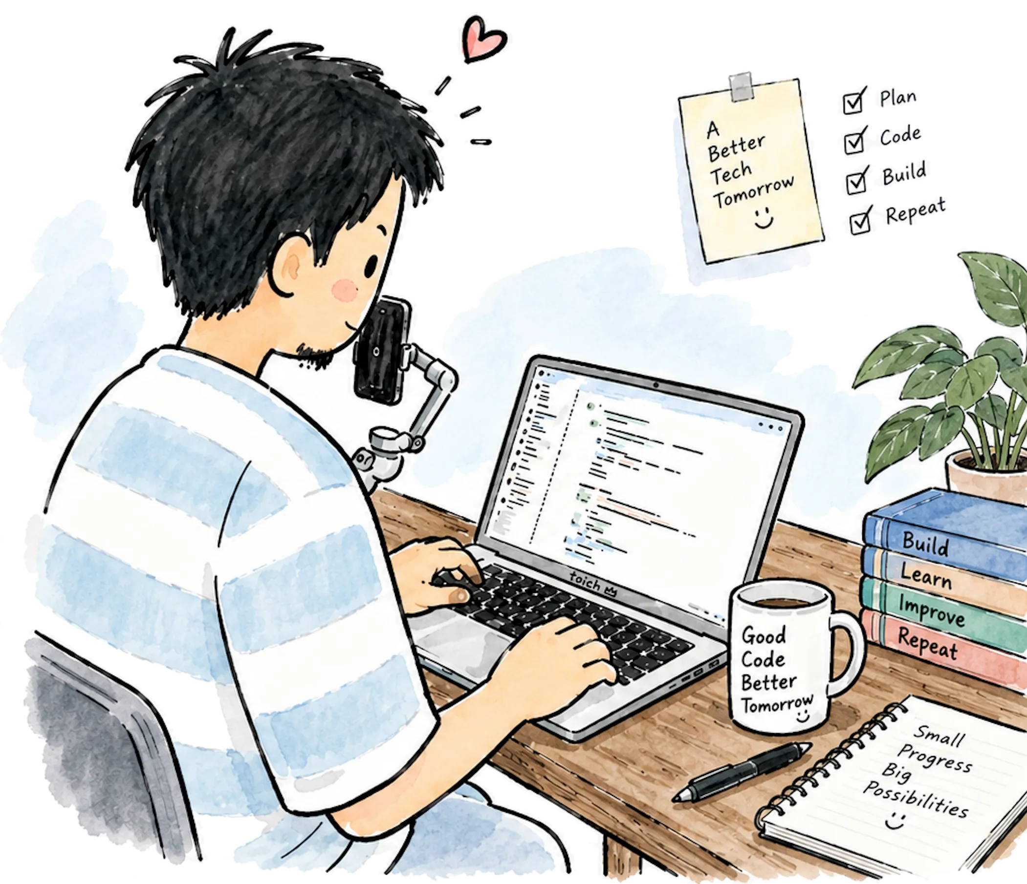 Ilustrasi Damaco sedang bekerja di depan laptop